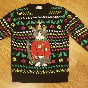Playful Cat Design Crewneck Sweater - Black Multicolor